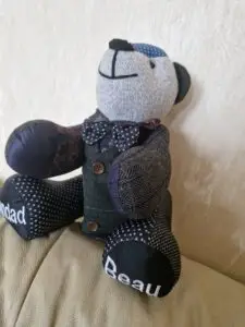dressed keepsake memory bear. handmade from clothes wearing waistcoat and necktie