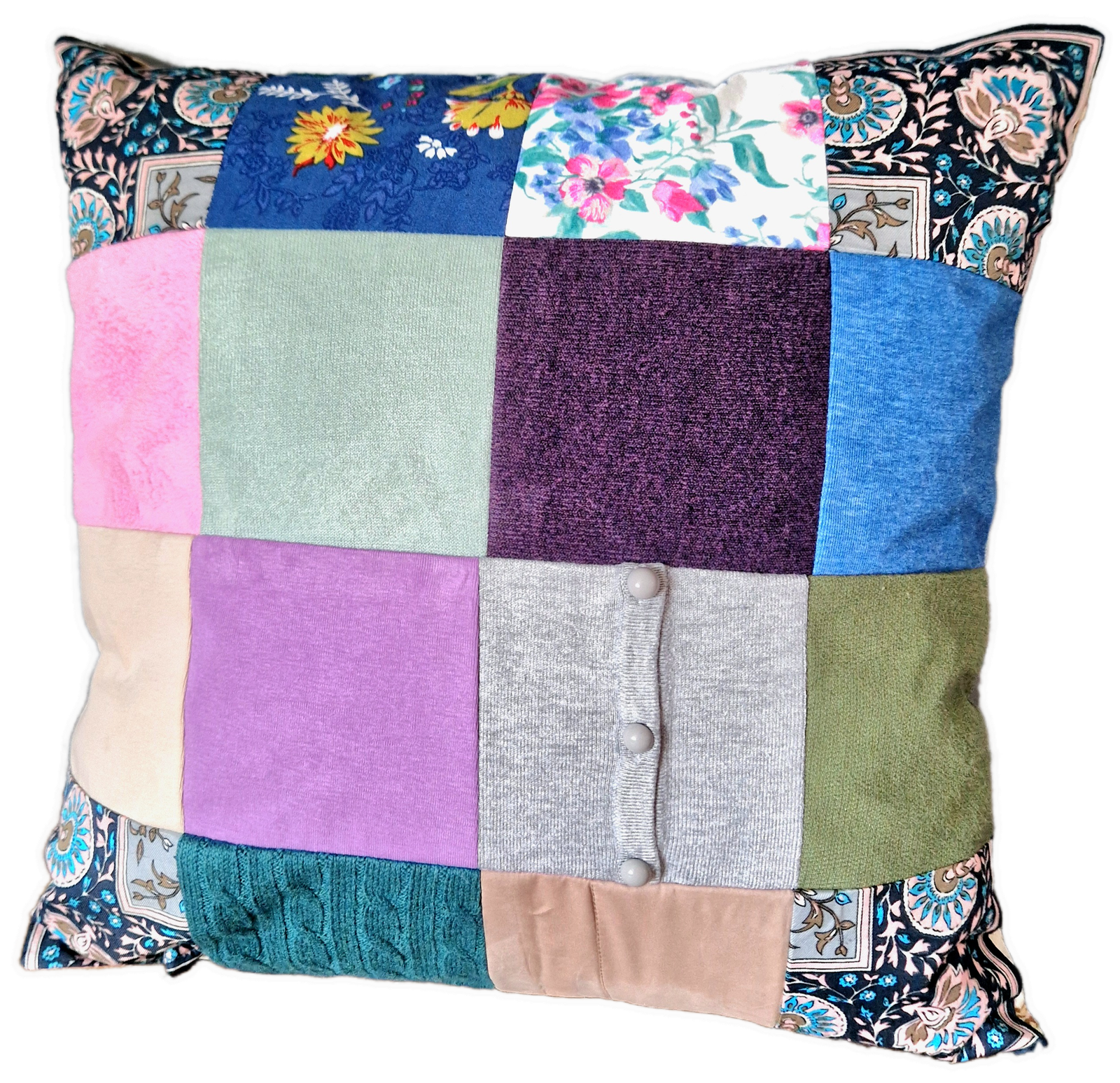 memory cushion patchwork made from loved ones clothes by anglesey alterations. hiraeth memory bear makers